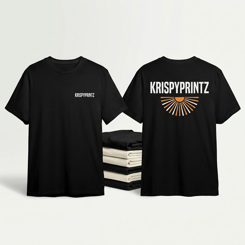 Illustrative KrispyPrintz T-shirt mockup showing front and back printing