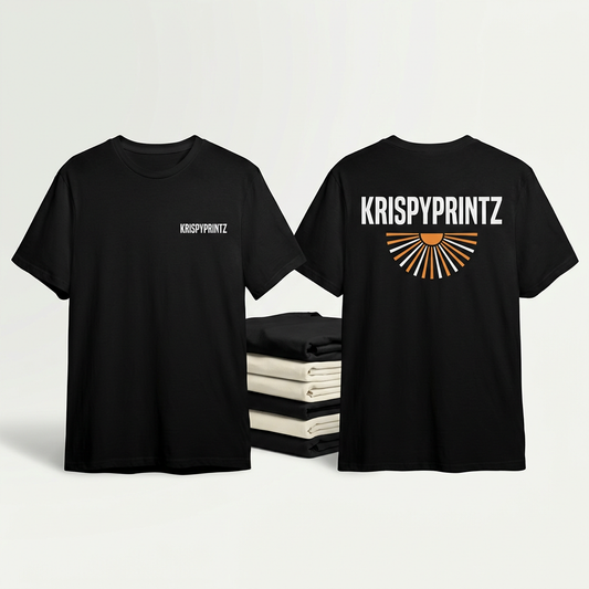 Illustrative KrispyPrintz T-shirt mockup showing front and back printing