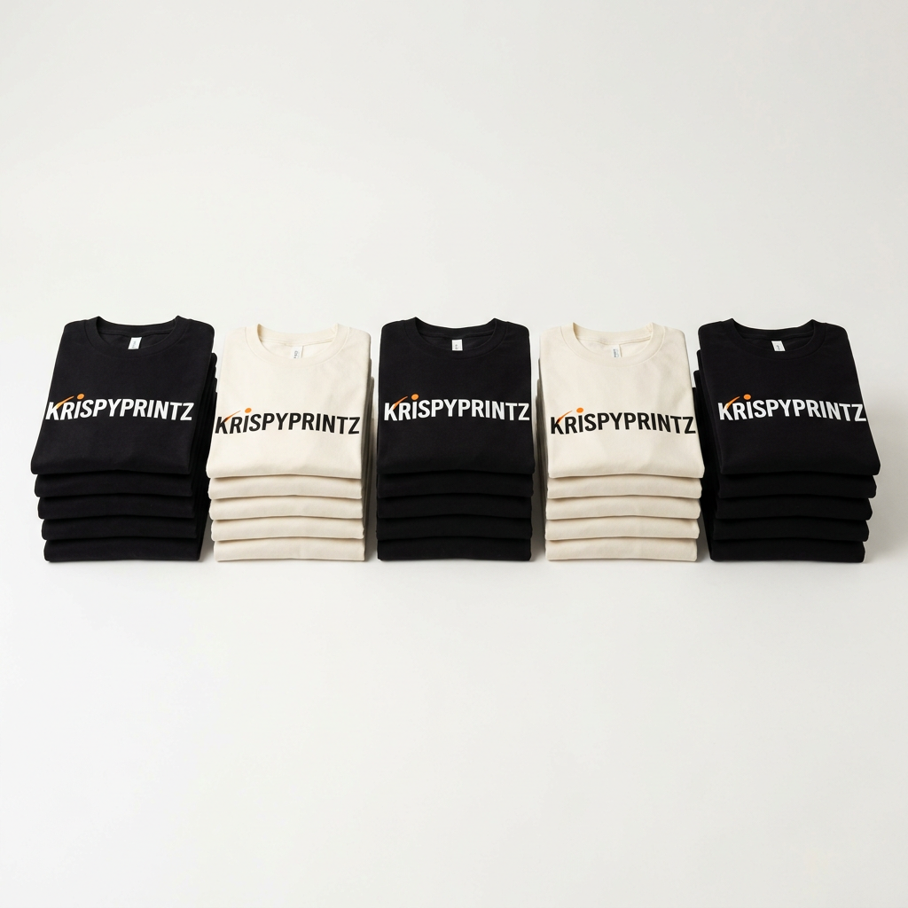 Illustrative KrispyPrintz 25-shirt front-print bundle mockup