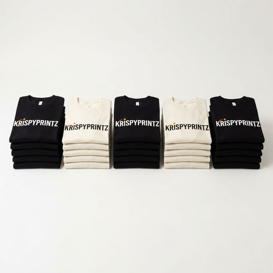 Illustrative KrispyPrintz 25-shirt front-print bundle mockup